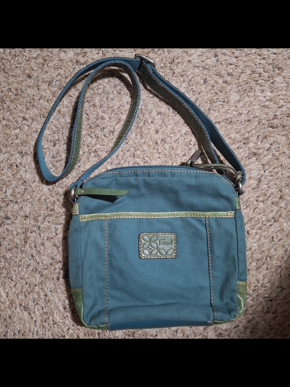 Vintage Fossil Teal Canvas Green Leather Trim Crossbody Bag